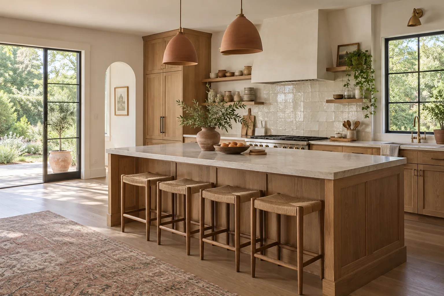 Concept kitchen with warm wood cabinetry and stone island